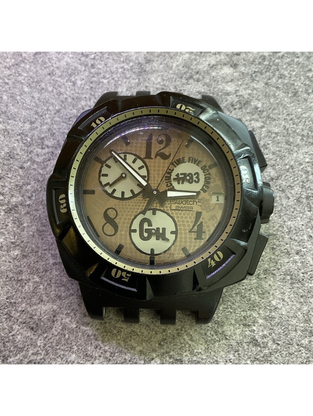 Swatch Mens Chronograph Swiss Made Watch AG2008 42mm Black Case Needs Band A12